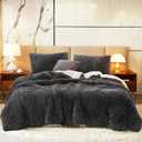 Flysheep Luxury Faux Fur Shaggy Comforter Set King Size, Plush & Sherpa Reversible Comforter Black, 3 Pieces Fluffy Fuzzy Bedding Set Ultra Soft and Warm for Winter (1 Comforter + 2 Pillowcases)