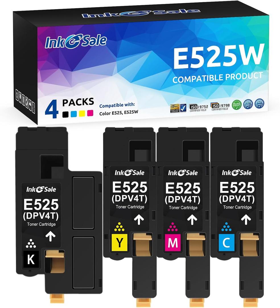 Ink E-Sale Compatible Toner Cartridge Replacement for Dell 525 E525 E525W (KCMY, 4 Packs), for use with Dell E525W Color Laser Printer for 593-BBJX 593-BBJU 593-BBJV 593-BBJW