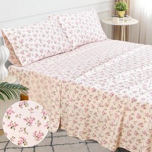 Sleepdown Queen Cotton Percale Bed Linen Set, 4Pcs, 100% Long Staple, Ultra Soft, Deep Pocket, Breathable, Floral Print, Includes Fitted & Flat Sheets, 2 Pillowcases (Sweet Ditsy Floral)