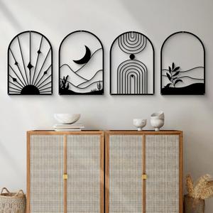 Glamativity 4 Pack Black Abstract Metal Wall Art, Minimalist Dcor Single Line Art Wall Dcor, 3D Textured Metal Wall Sculptures, for Living Room Bedroom Bathroom Study Room (Black Boho, L Size 22.5 x 15.7'')