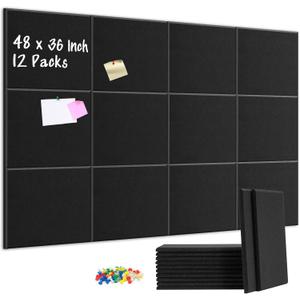 DOLLAR BOSS Large Cork Board for Wall 48" x 36" x 0.5" Bulletin Board 12 Packs Black Cork Board Tiles Self Adhesive Felt Wall Tiles with Pushpins, Corkboard for Office Pin Board Tack Board, Black