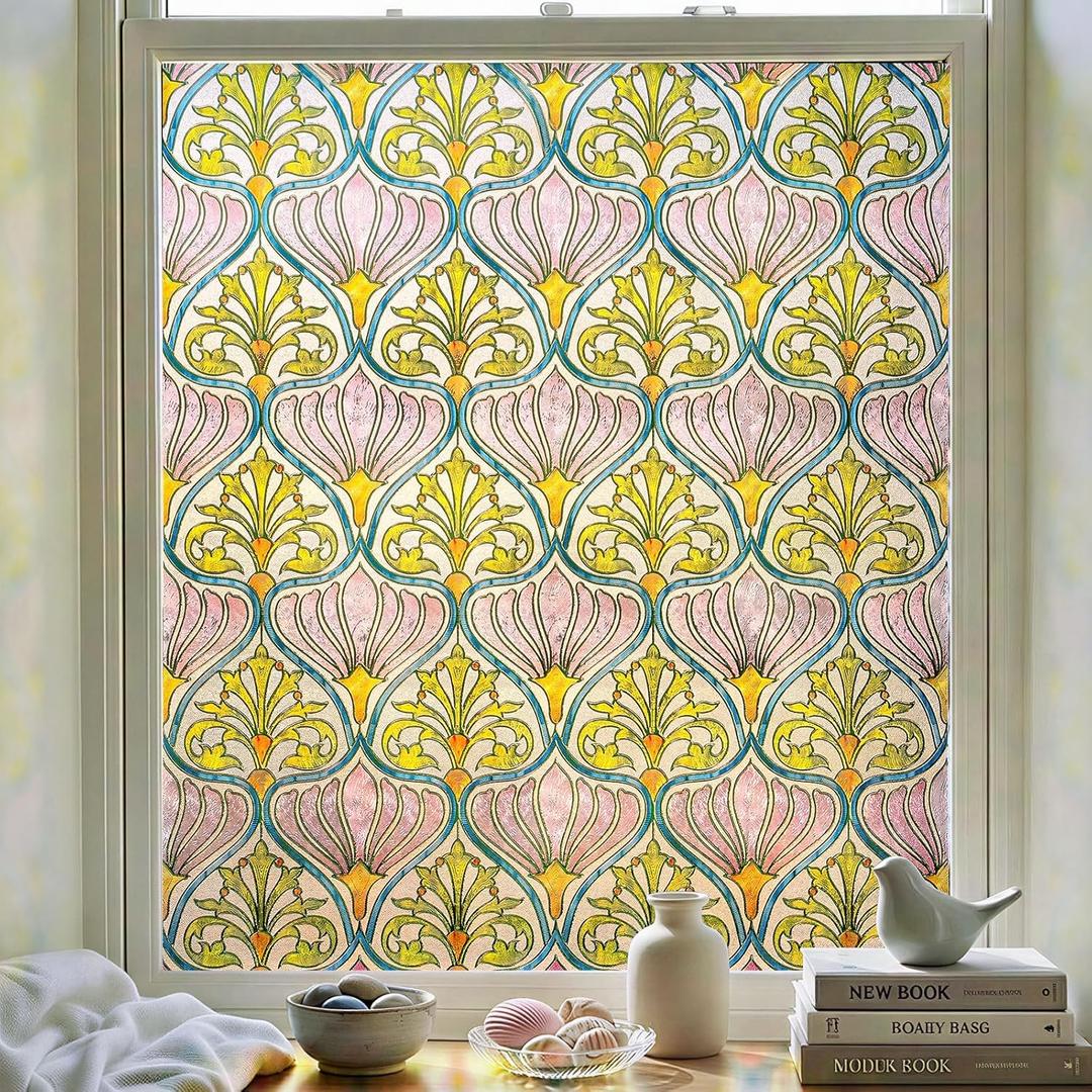 3D Stained Glass Window Film, Decorative Window Privacy Film for Bathroom,Front Door,Home, Sun Blocking Heat Control,Static Cling,Daisy, 23.6inch x 35.4inch