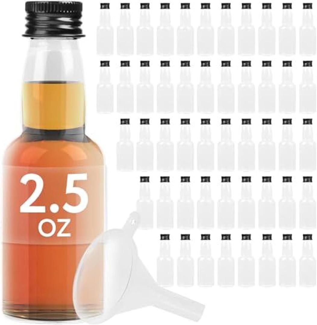 IMPRESA Shot Bottles with Caps 50-Pack - 75ml (2.5oz) Clear Plastic - Reusable & Dishwasher Safe - Bulk Mini Alcohol Bottles for Party Favors & Travel