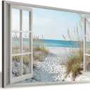 Hardy Gallery beach wall art window picture: coastal canvas artwork seascape scene prints looking out fake window wall decor for bathroom 12"x16"