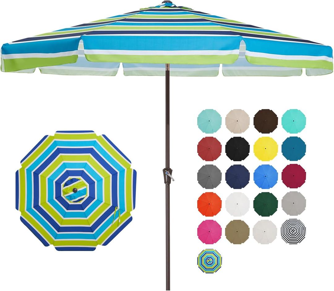 JEAREY 9 FT Patio Umbrella Outdoor, Table Umbrellas Market Umbrella w/Push Button Tilt/Crank, 8 Sturdy Ribs(Blue Green Striped)