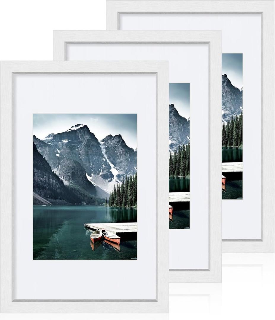 8x12 White Picture Frames set of 3, Made of Wooden and Glass Photo frame - Displays 6x8 Picture with Mat or 8 x 12 Poster without Mat, Desktop & Wall Collage Frame set