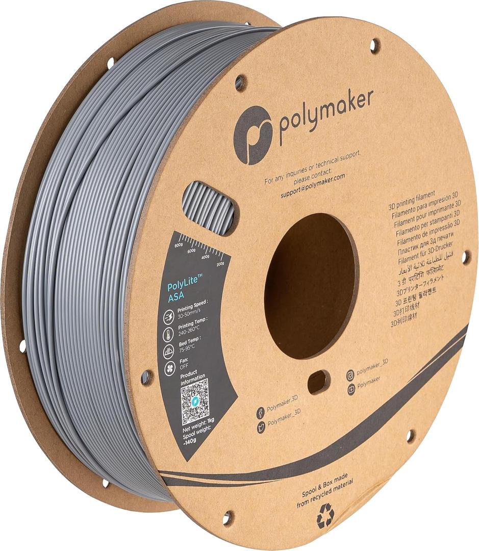 Polymaker ASA Filament 1.75mm Grey, 1kg ASA 3D Printing Filament, Heat & Weather Resistant - ASA 3D Printer Filament Perfect for Printing Outdoor Functional Parts