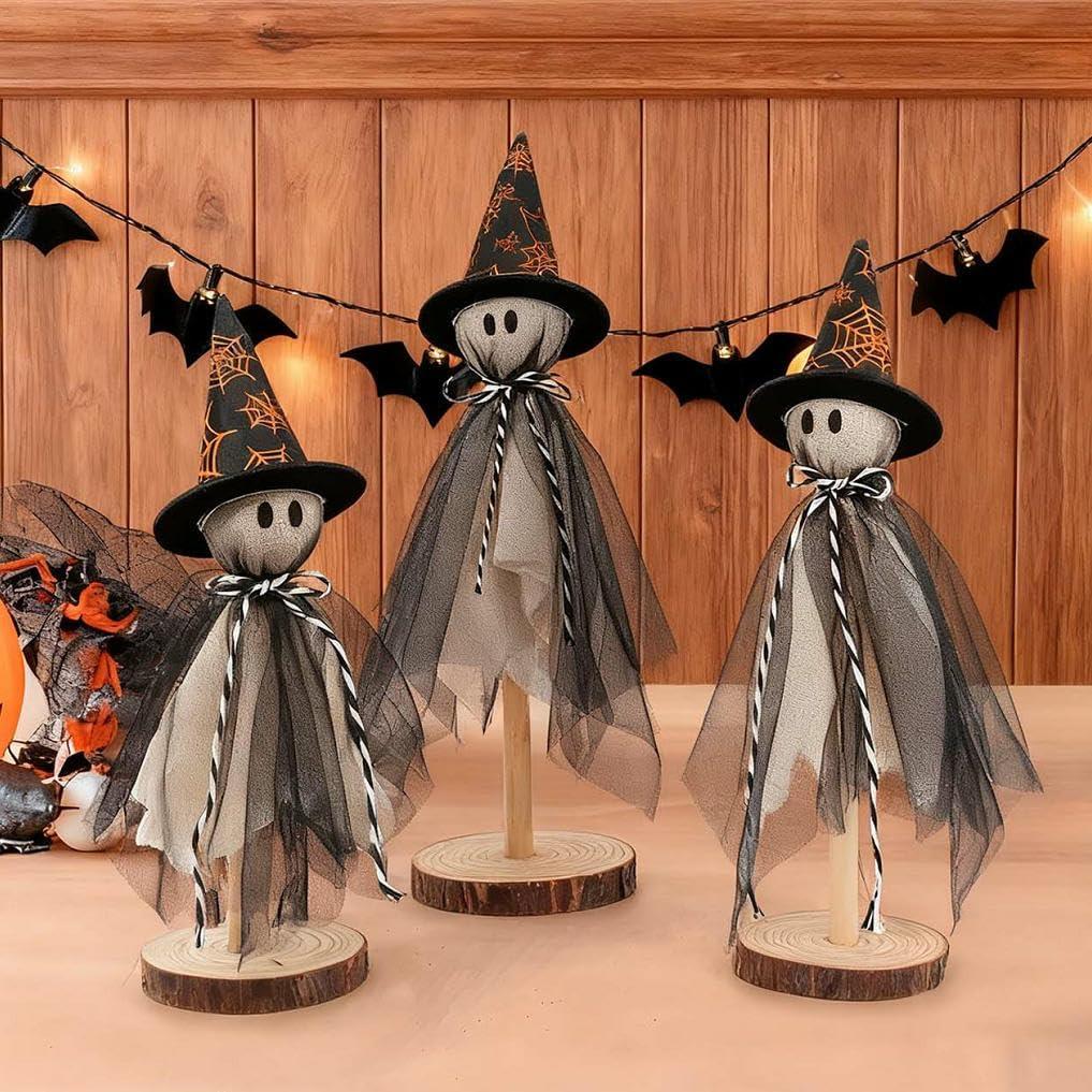 Halloween Decorations Indoor, Set of 3 Sizes Fabric Ghosts with Spiderweb Witch Hats, Primitive Wood Ghost Kit for Table Centerpiece Farmhouse Shelf Mantel Kitchen Home Decor (Black)