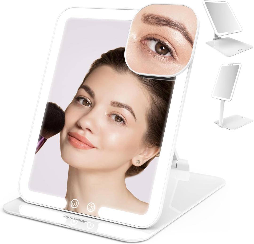 Mocado Travel Makeup Mirror with Light, Tripple Folding Vanity Mirror with Lights, 3 Colors Lighted Makeup Mirror, 1500mAh Rechargeable, Memory Function, Freely Adjust Height and Angle(White) (8"L x 6"W)