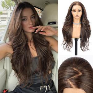 13 * 4 HD Lace Front Wig for Women, Chestnut Brown with Auburn Highlights,26 Inch Heat Resistant Synthetic Wavy Hair, Glueless Lace Wigs for Daily, Party&Date