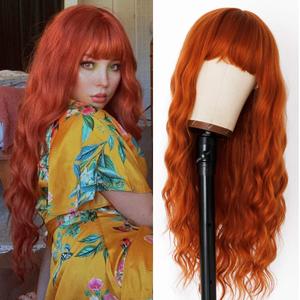 Ginger Wig with Bangs Orange Long Wavy Wigs for Women Ginger Curly Heat Resistant Synthetic 26 Inches Loose Wave Red Orange Wig for Daily Party Cosplay