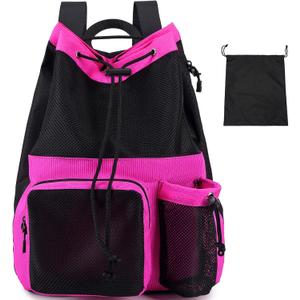 Lohol Large Mesh Drawstring Backpack with Shoe Bag, Durable Swimming String Sack with Handle for Sports Gym Yoga Beach Travel (Rose Pink)