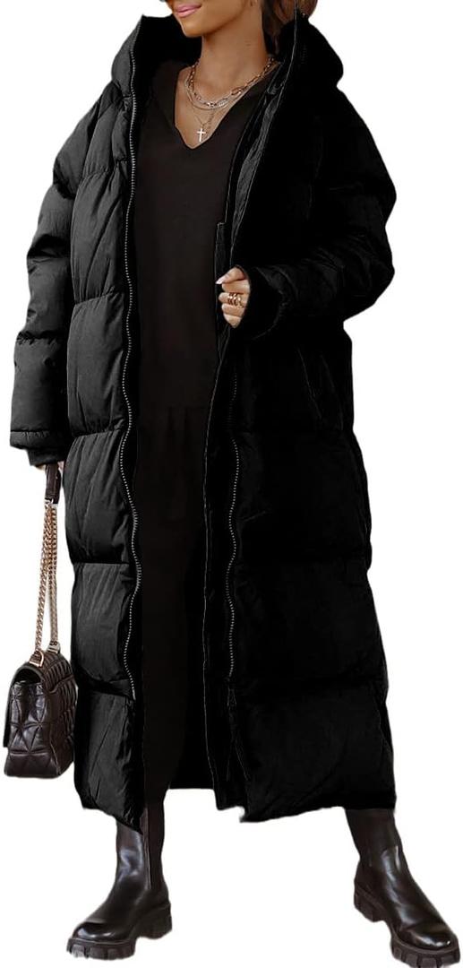 Shanfetl Women Long Quilted Coat Hooded Maxi Length Long Sleeve Puffer Jacket Padded Coat Winter Outerwear Black, X-Large