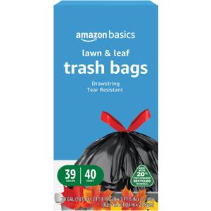 Amazon Basics 39 Gallon Lawn & Leaf Heavy Duty Drawstring Trash Bags, 20% Post Consumer Recycled, 40 Count, Black