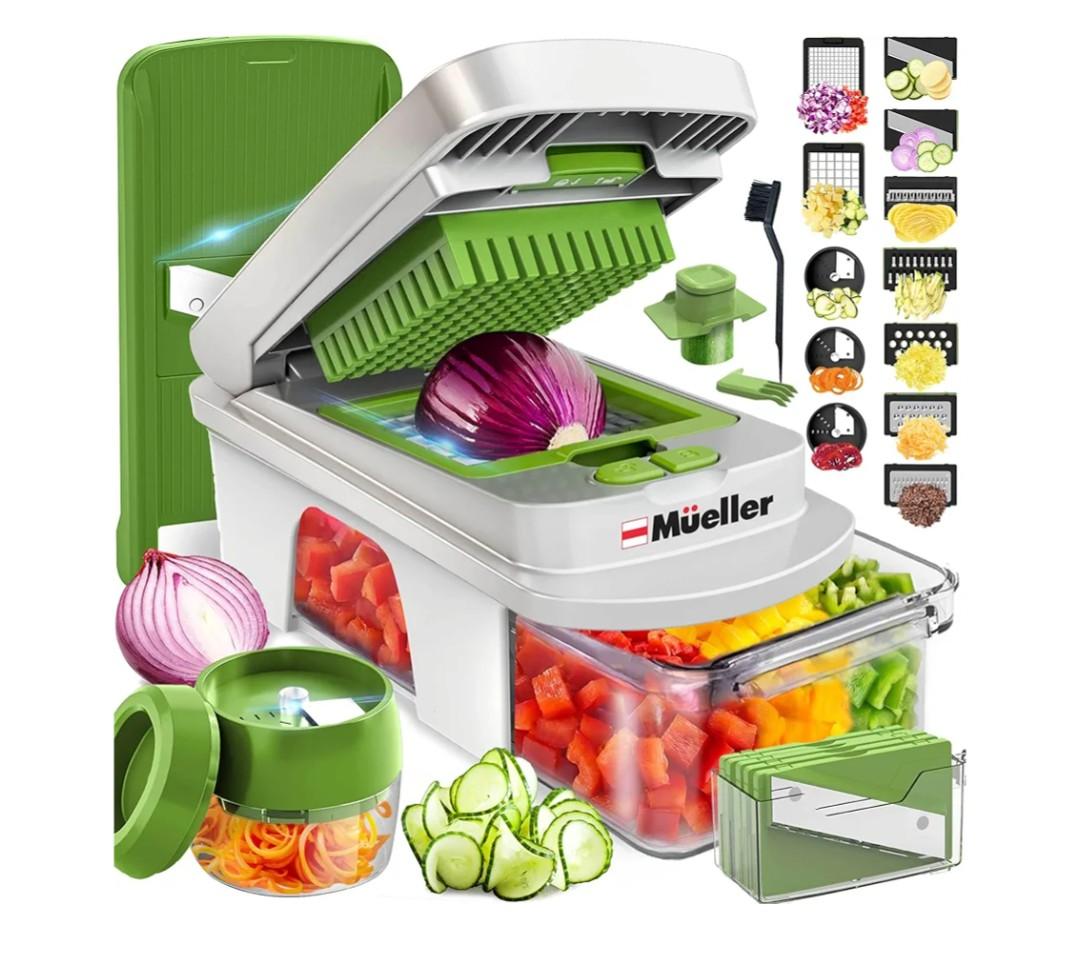 Mueller Pro-Series All-in-One, 12 Blade Mandoline Slicer for Kitchen, Food Chopper, Cucumber Slicer and Spiralizer, Cutter, Dicer, Grater, Gifts for Mom, Kitchen Essentials, White Sand/Green