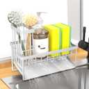 Vanwood Kitchen Sink Caddy Sponge Holder for Kitchen Sink with Brush Holder, Cocina Organizer and Storage Dish Soap Sponge Caddy with Auto Stainless Steel Draining Tray (White)