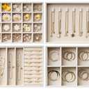 Velvet Jewelry Drawer Organizer Trays – Large Beige Stackable Jewelry Storage Inserts Set, 4-Layer Jewelry Tray Set for Earrings, Rings, Necklaces, Bracelets with Removable Dividers for Dresser,Vanity