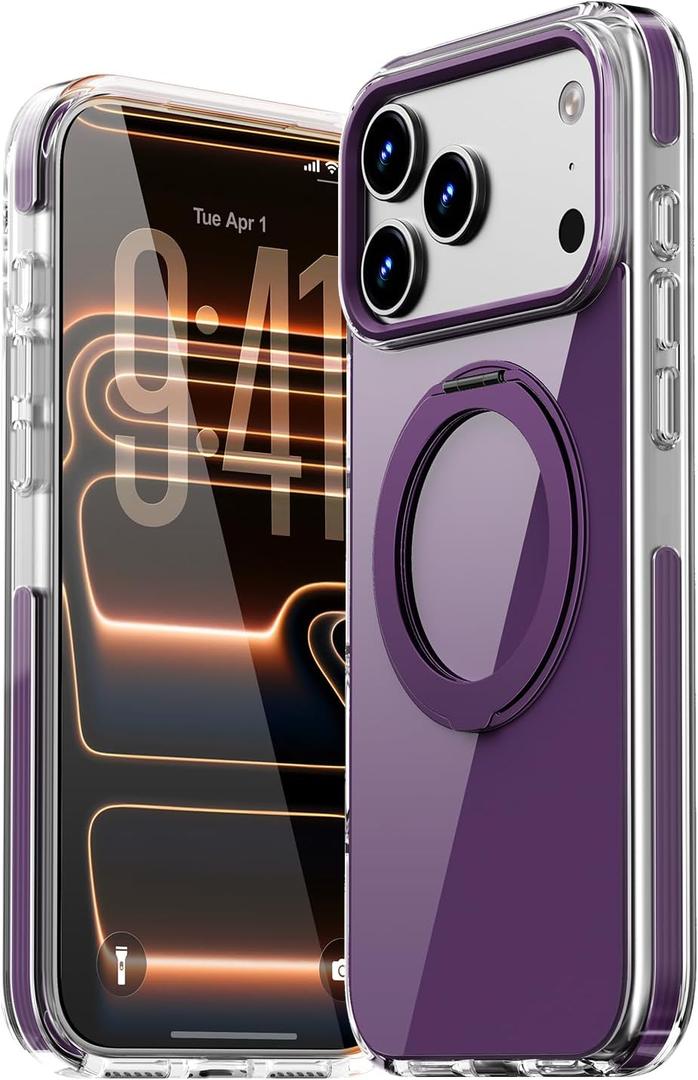 Magnetic for iPhone 17 Pro Case 360 Spin Stand Purple | Compatible with MagSafe, Military-Grade Protection,Non-Yellowing, Clear Scratch-Resistant Back Cover for 17 Pro 6.3