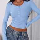 PRETTYGARDEN Women's 2025 Summer Long Sleeve Henley T Shirts Ribbed Knit Button Slim Fitted Basic Casual Going Out Fall Tops (Blue, XS)
