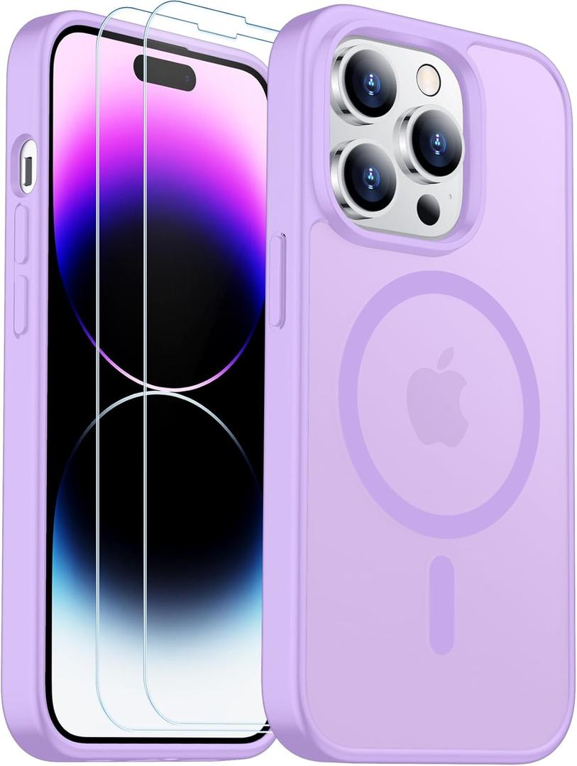 SPIDERCASE for iPhone 14 Pro Max Case, Magnetic Translucent Matte Case with 2PCS Tempered Glass Screen Protector Slim Phone Case for iPhone 14 Pro Max 6.7'', Light Purple