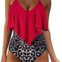 SUUKSESS Women Slimming Ruffle One Piece Swimsuits Ruched Tummy Control Bathing Suits (XX-Large, #1 Red Leopard)