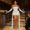 Women Sexy Strapless Tube Top Mesh Layered Mini Dress Bodycon Ruched Side Ribbons Bandage Dress Birthday Dresses (White, S)
