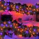2 Pack Total 12 Ft Black Halloween Garland with Lights, Maple Leaf Garland String Lights, 60 LEDs Orange & Purple Lights Battery Operated for Table Fireplace Porch Halloween Decorations Indoor Outdoor