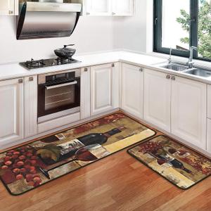 Wine Kitchen Rugs and Mats [2 PCS], Non Skid Washable Absorbent Microfiber Kitchen Mat for Doormat Bathroom Runner Set (17"x47"+17"x30", Wine) (One Size)
