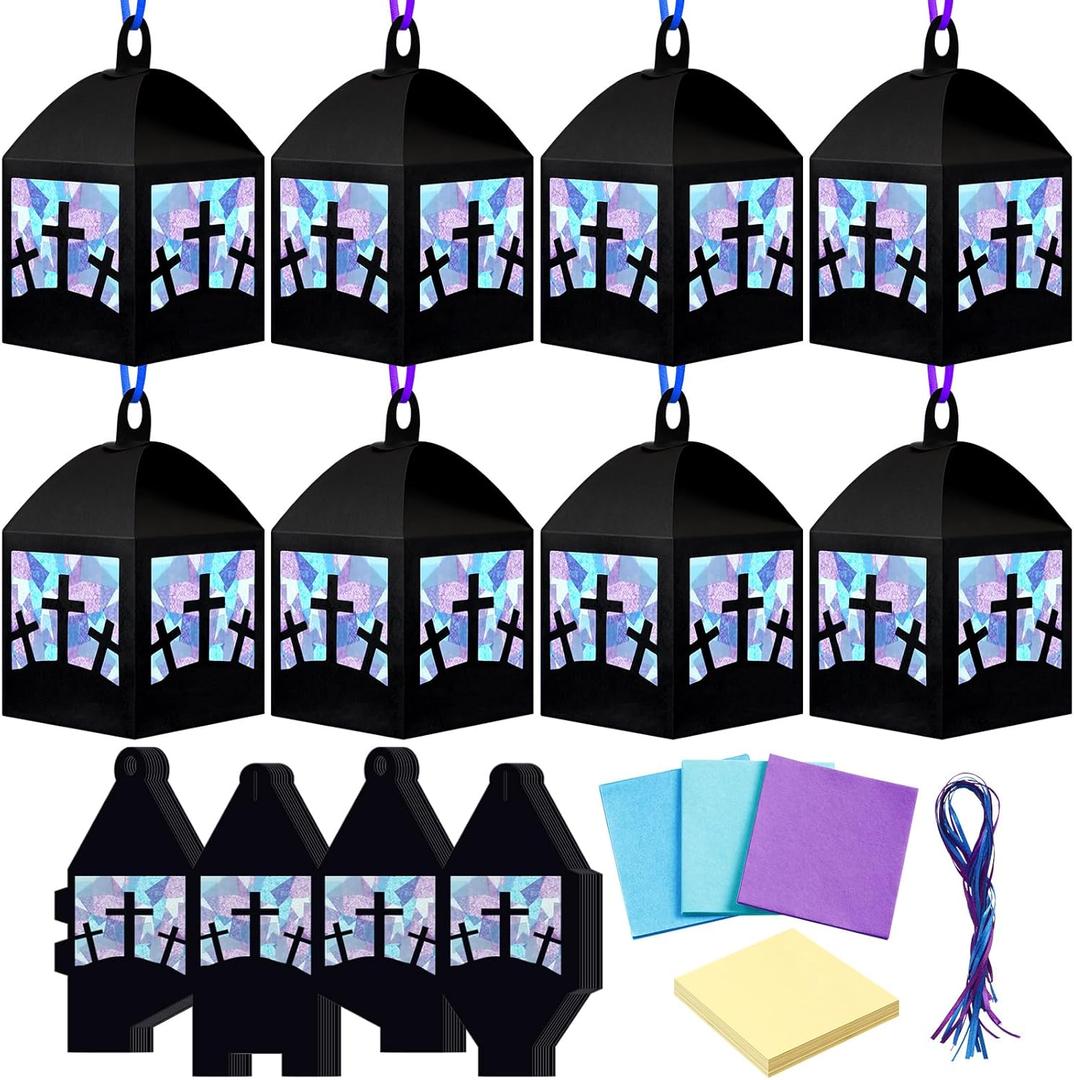 Maitys 16 Sets He is Risen Easter Lent Craft Kit, Christian DIY Cross Stained Glass Paper Lanterns with Tissue Paper Strings, Sunday School Religious Crafts for Church VBS Bible Lessons