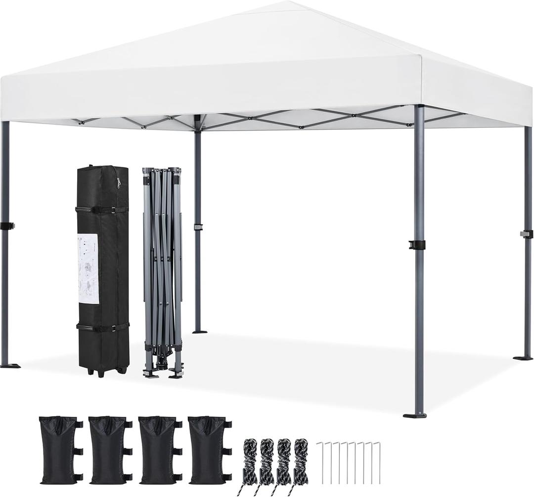 Yaheetech 10x10 1-Person Setup Pop Up Canopy Tent, Instant Portable Commercial Canopy Tent, Outdoor Gazebo with 1-Button Push, Wheeled Bag & 4 Sandbags for Home, Party & Outdoor Activities, White