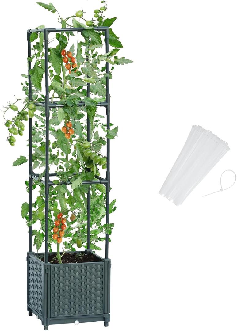 LINEX Raised Garden Bed Planter Box with Trellis, 41.3 Tomato Planters for Climbing Plants Vegetable Vine Flowers Outdoor Patio, Tomatoes Cage w/Self-Watering (9.84*9.84*41.3 inch)