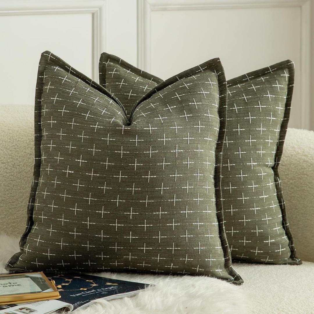 MANDIOO Pack of 2 Burlap Linen Throw Pillow Covers Woven Textured Modern Farmhouse Cushion Covers Pillowcase Decorative Couch Sofa Bed Living Room 22 x 22 Inch Olive Green
