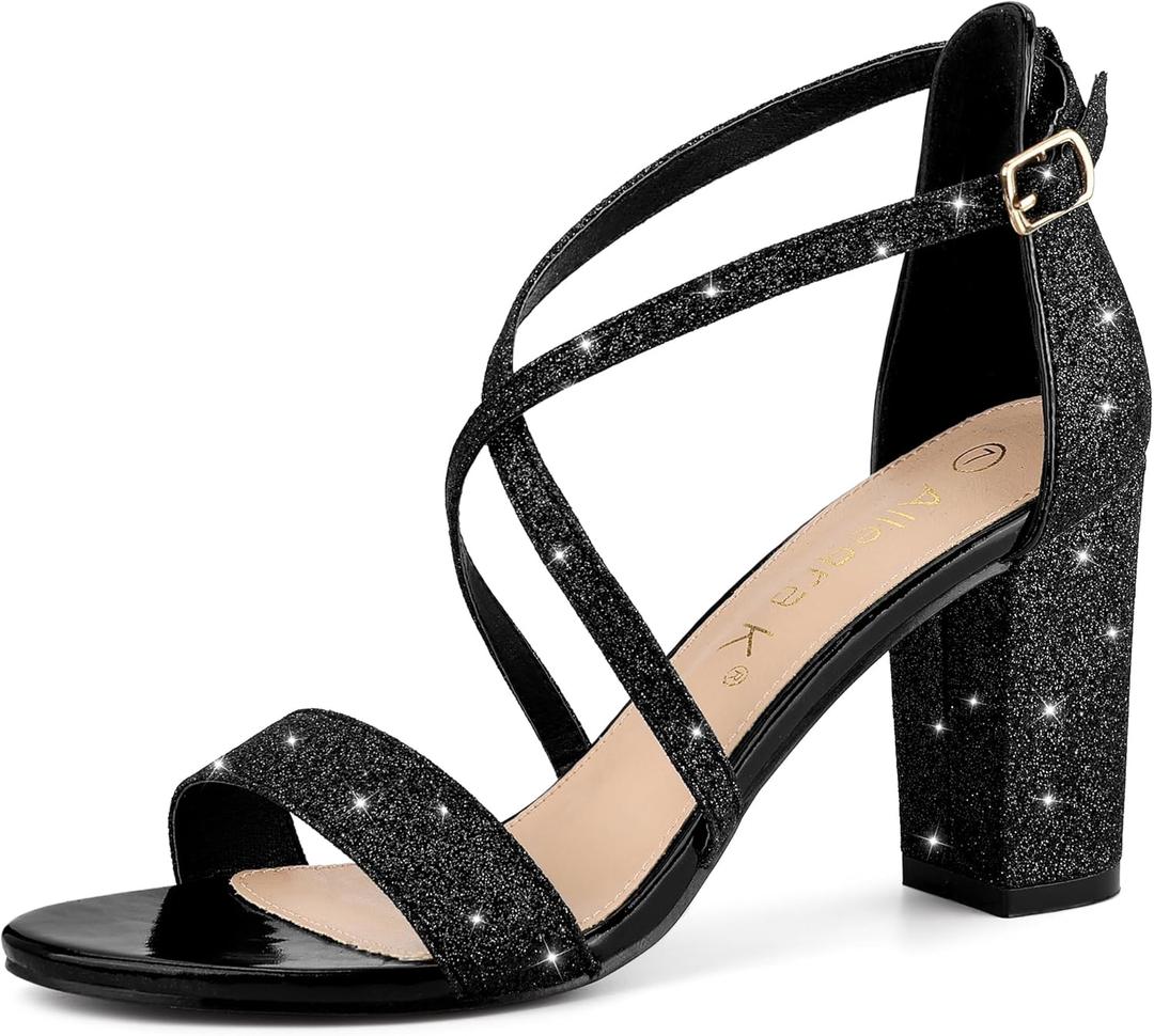 Allegra K Women's Glitter Crisscross Strap Block Heels Sandals (10)