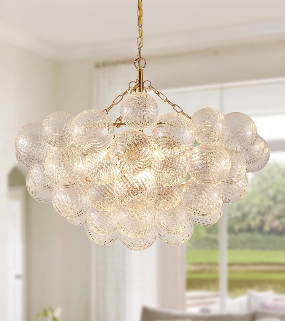 MEIXISUE Modern Glass Chandelier,9 Light Nordic Bubble Ball Swirled Glass Globe Gold Large Pendant Light Fixtures for Foyer Bedroom Dining Room Living Room Kitchen Entryway D31.1 in UL Listed