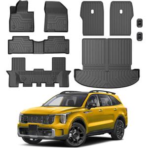 KUST Floor Mats Set for Kia Sorento 2021-2025 2026 (6 Seater, Not for Hybrid), All Weather Rear Trunk Cargo Liner with 2nd Row Back Seat Protector Full Set Car Mats Accessories TPE Rubber Raised Edge
