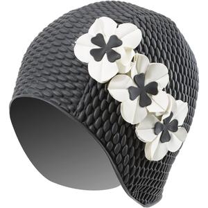 Sporti Bubble Swim Cap, Women Protection Bathing Cap, Anti-Slip Interior Grip, Made from Latex/Rubber & Keep Head Warm (Black/Ivory Flowers)