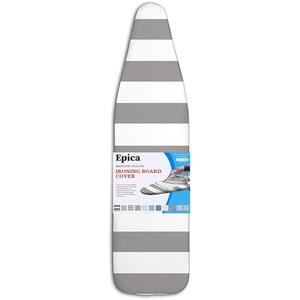 Epica Ironing Board Cover and Pad - Standard Size 15x54 Padded Ironing Board Covers, Heat Reflective Coating, Thick Pads, Scorch & Stain Resistant Iron Board Cover with Padding Grey & White Stripe
