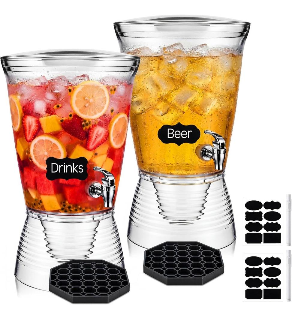 Nuenen 2 Sets of 2.6 Gallon Beverage Dispensers for Parties, Clear Plastic Drink Juice Dispensers with Spigot and Drip Tray Beverage Water Fountains for Wedding Birthday Party Cold Hot Drinks