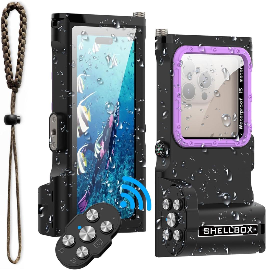 Waterproof Case Bluetooth Control  50FT/15M Underwater Scuba Diving Phone Housing for Snorkeling Fit with iPhone 16/15/14/Samsung S25/24/23/Google Pixel Ultra Plus Pro Max, Black Purple
