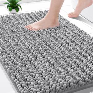 Yimobra Bathroom Rugs Non Slip Washable - Ultra Soft Absorbent Chenille Bath Mat, Quick Dry Shaggy Floor Carpet for Tub Shower, Gray Home Decor Accessories, 24x17 Inch (Grey)