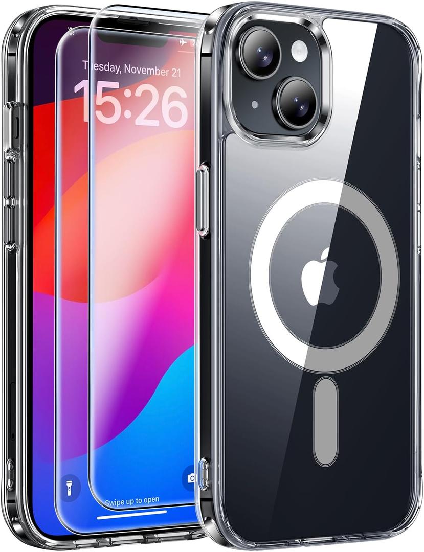 JAME for iPhone 15 Case Clear, iPhone 15 Magnetic Case with 2*Glass Screen Protectors, Compatible with Magsafe, Not Yellowing, Shockproof Slim Fit Transparent Phone Case for iPhone 15, 6.1 inch, Clear