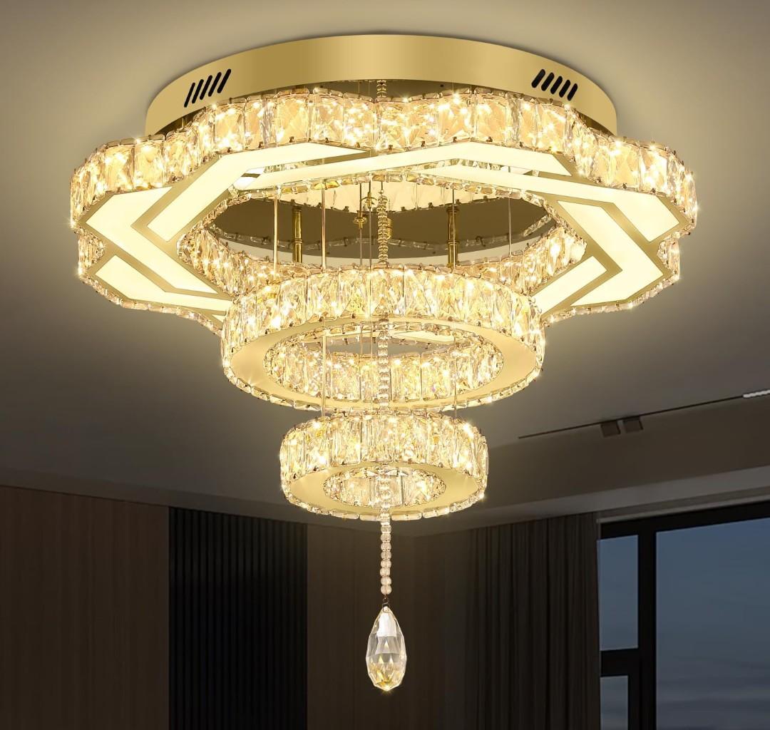 Flashing God Modern Crystal Chandeliers Dia 24" Gold Ceiling Chandelier Flush Mount Crystal Ceiling Light for Bedroom Living Room Dining Room Hallway LED Dimmable