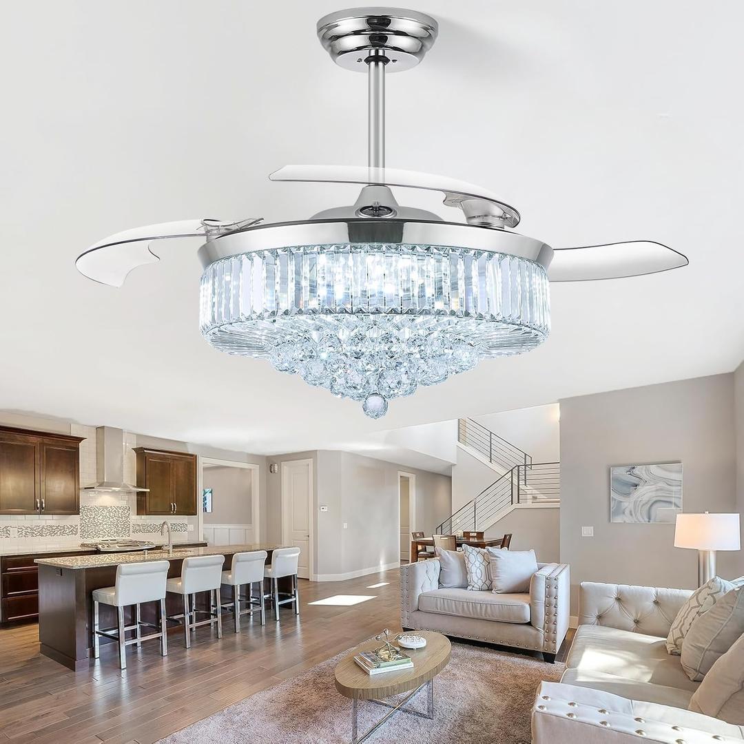 48 Inch Fandelier Ceiling Fans with Light, Chandelier Ceiling Fan, Retractable Ceiling Fan for Bedroom, Living Room, 3 Color Change, LED Dimmable, 6 Speeds, Reversible DC Motor- Chrome