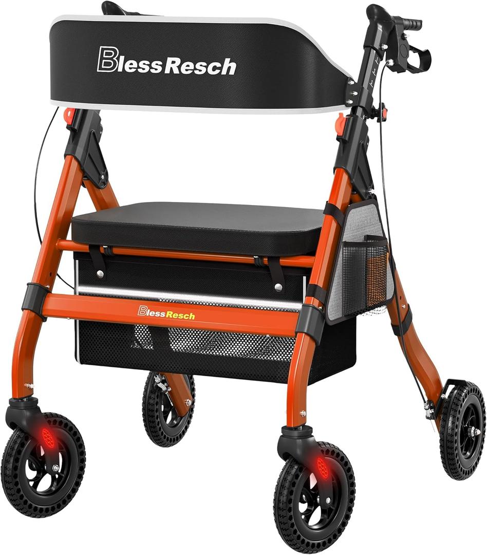 BlessReach Foldable Rollator Walkers with Seat for Seniors, 450 lb Capacity, 8'' Wheels, 18" Big Seat, 6-Position Adjustable Height, Heavy-Duty Aluminum Rolling Walker (Red)