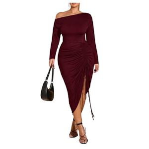 Floerns Women's Plus Size Off The Shoulder Sexy Bodycon Midi Dress Drawstring Slit Hem Long Sleeve Elegant Party Dresses Burgundy 3X-Large Plus