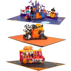 Magic Ants Halloween Pop Up Cards 3 Pack  Haunted House, Pumpkin Graveyard, and Food Truck  3D Greeting Cards with Envelopes and Notecards for Kids, Adults, Halloween Birthday & Trick or Treat Gift