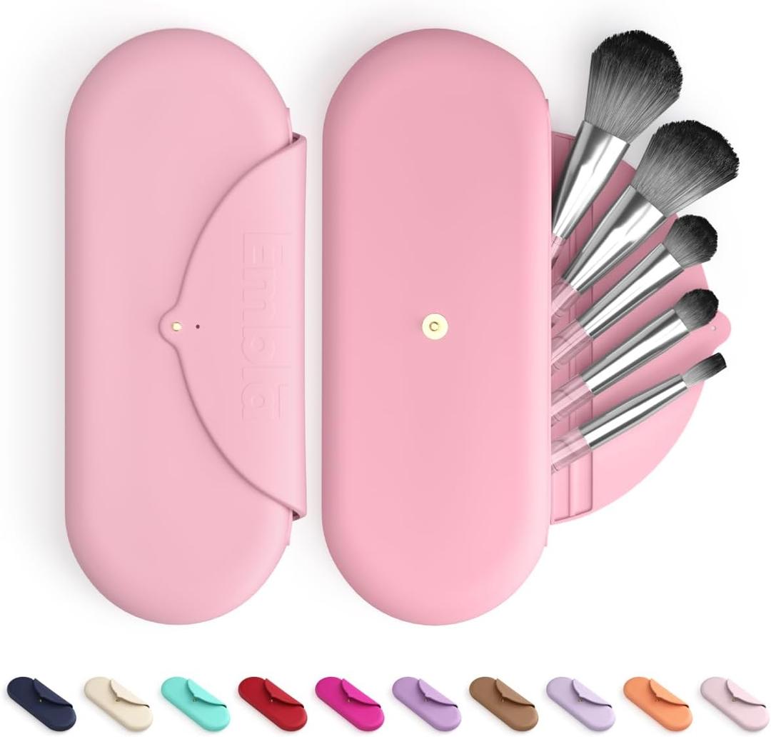 Embla Makeup Brush Holder Travel Cosmetic Case Pouch, Soft Silicone Cosmetic Bag Make Up Brushes Holder with Secure Snap Closure, Travel Makeup Brush Case, Flamingo