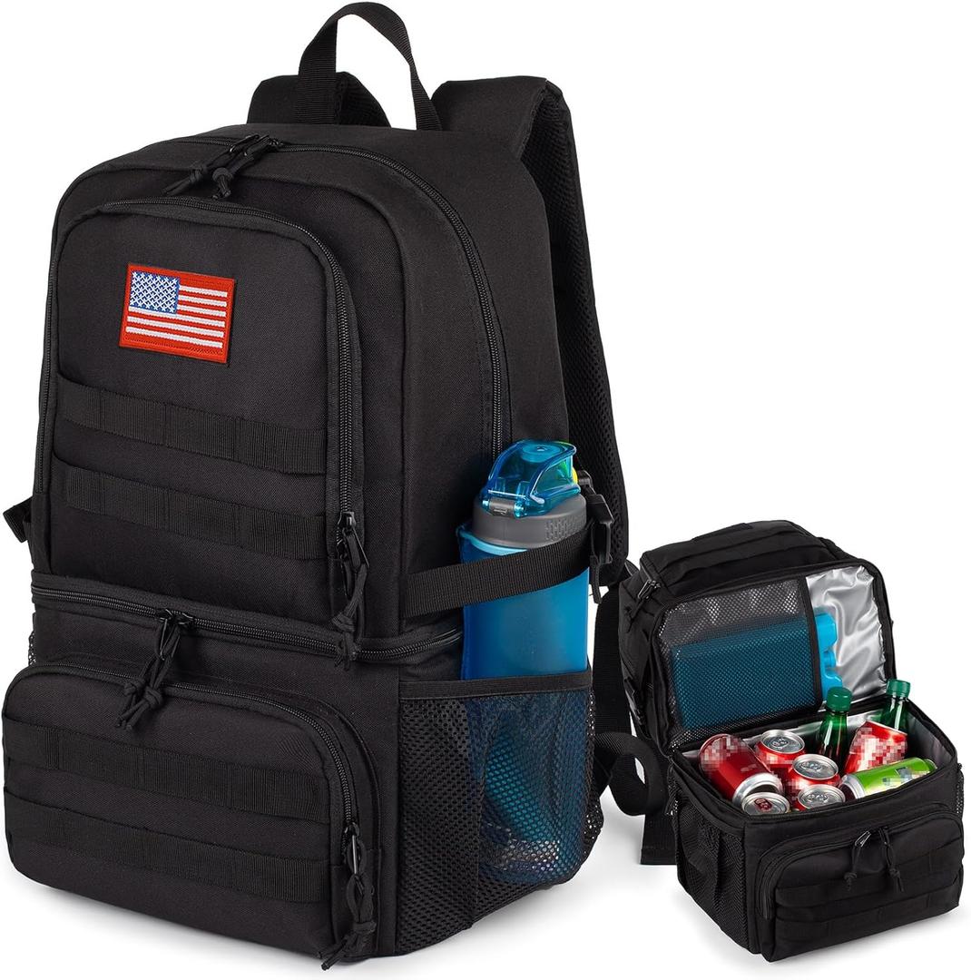 Tactical Double Deck Cooler Backpack for Men, Large Lunch Backpack with 2 Compartment, Soft Cooler Bag (Black)