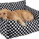 Dog Beds for Small Medium Dogs, Washable Soft Fleece Dog Bed with Removable Cover, Puppy Sofa Bed with Anti-Slip Bottom, Pet Sleeping Bed for Indoor Cats & Dogs Under 23 lbs (Grid Black)