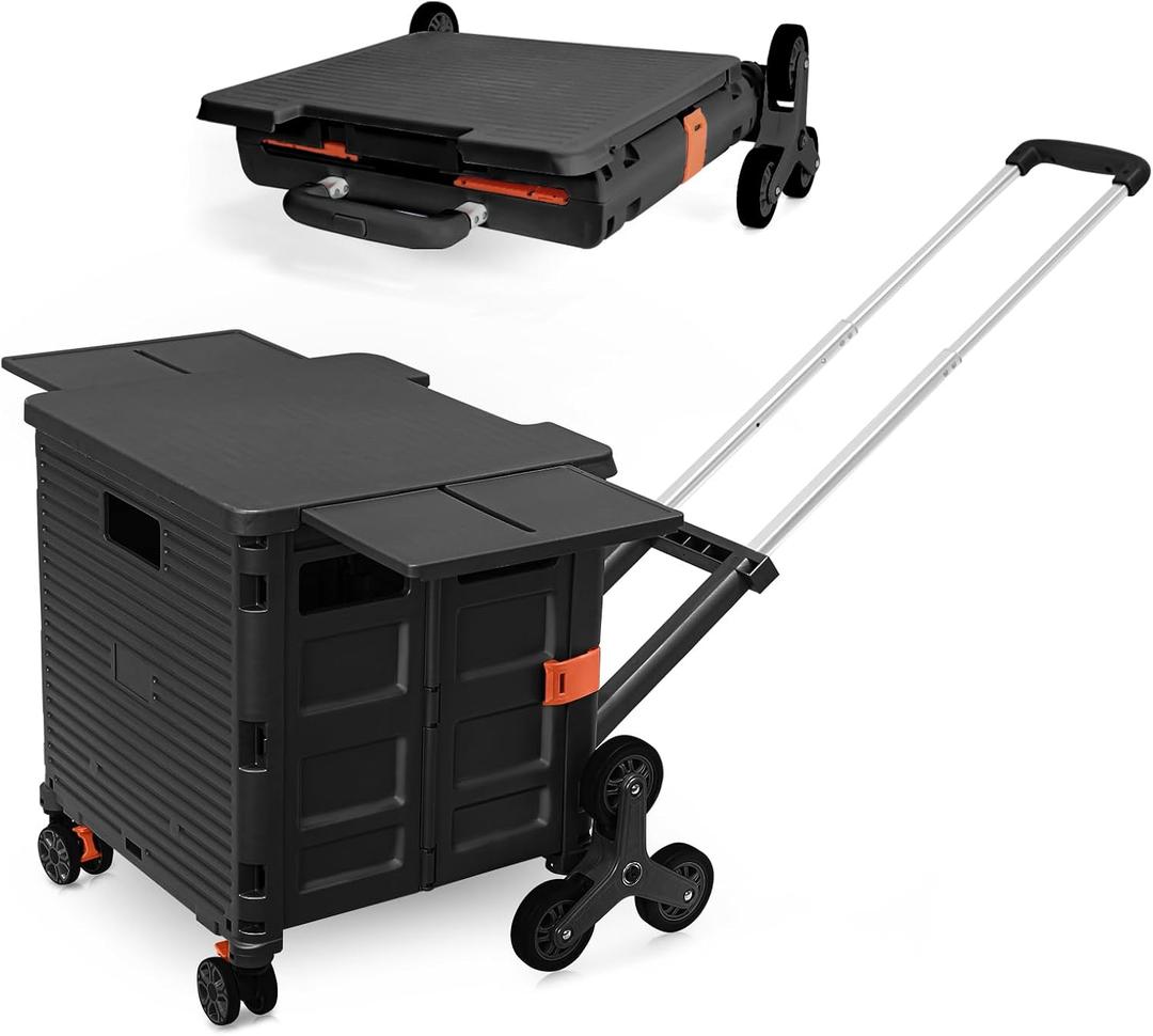 Foldable Utility Cart Portable Crate Rolling Dolly with Telescopic Handle,Can be Pulled diagonally, Magnetic Retractable Lid, 360°Swivel Climbing Wheels for Shopping Carrying Groceries Move Black
